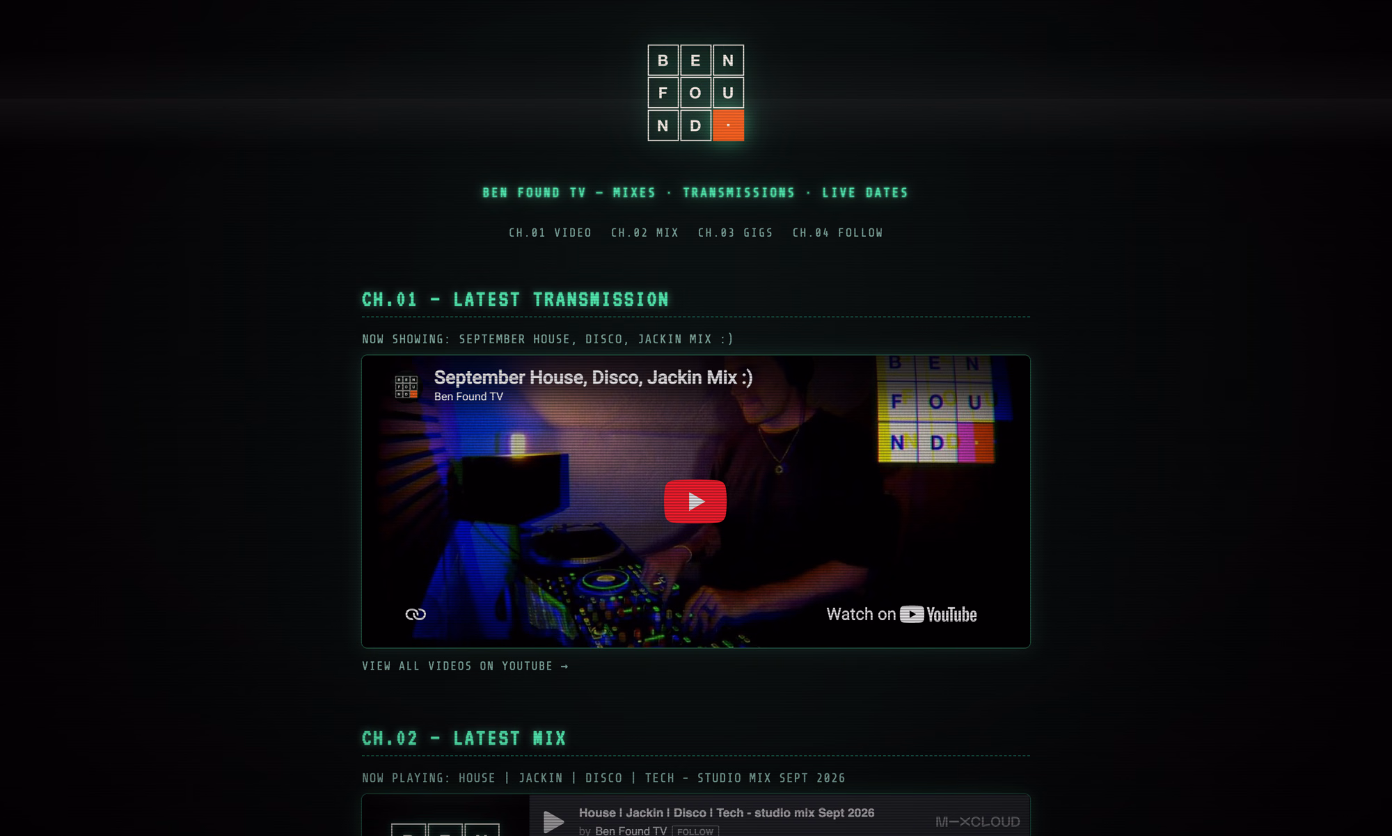 Ben Found TV homepage, styled as a retro TV channel guide
